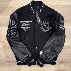 AMIRI x Premier Records Patch Leather Sleeve Wool Blend Varsity Jacket Premo
